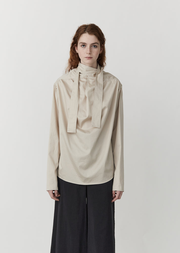 Cotton Satin Blouse with Tie — Oatmeal