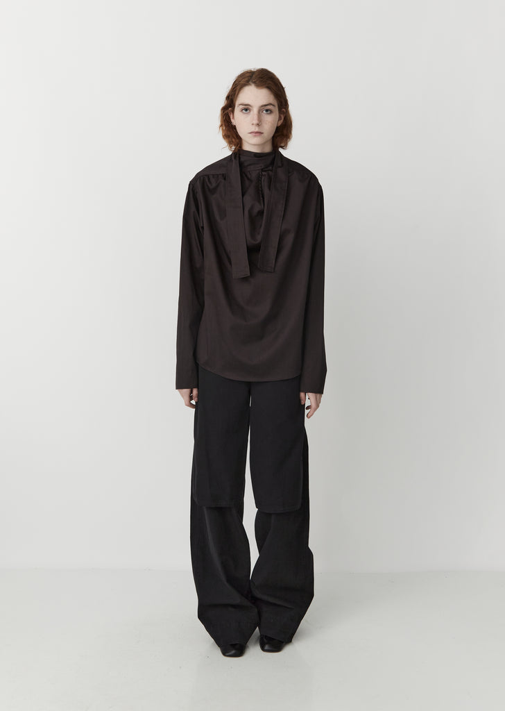 Cotton Satin Blouse with Tie — Midnight Brown