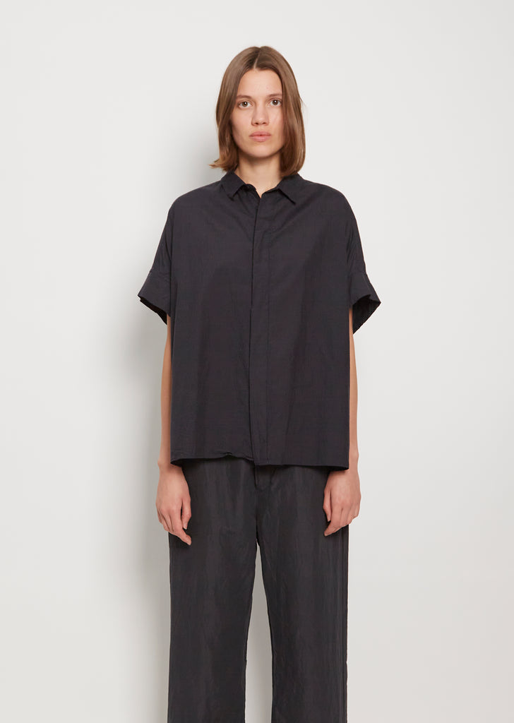 Gigham Cuff Sleeve Wide Shirt — Charcoal Navy