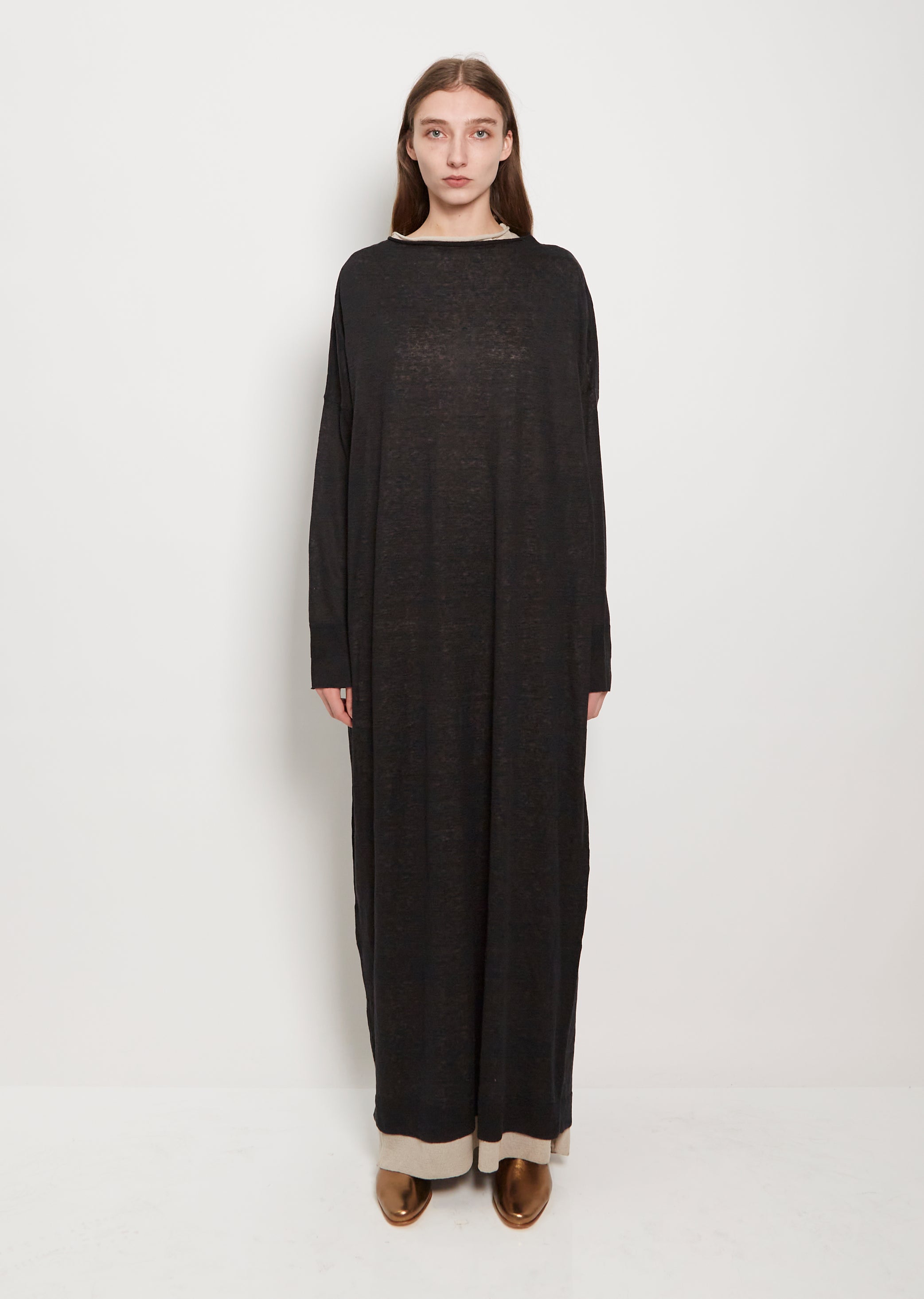 Chunky Boatneck Linen Blend Dress Oyster/Black La Garonne Chunky Boatneck Linen Blend Dress Oyster/Black La Garonne