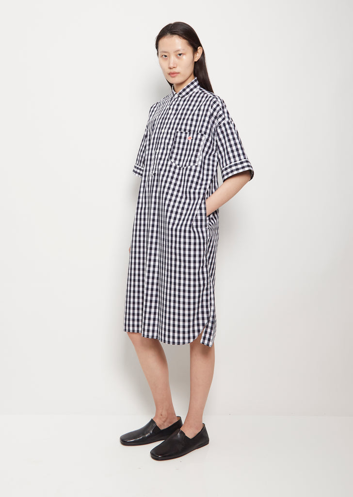 Gingham Cotton Collared Dress — Navy White Gingham