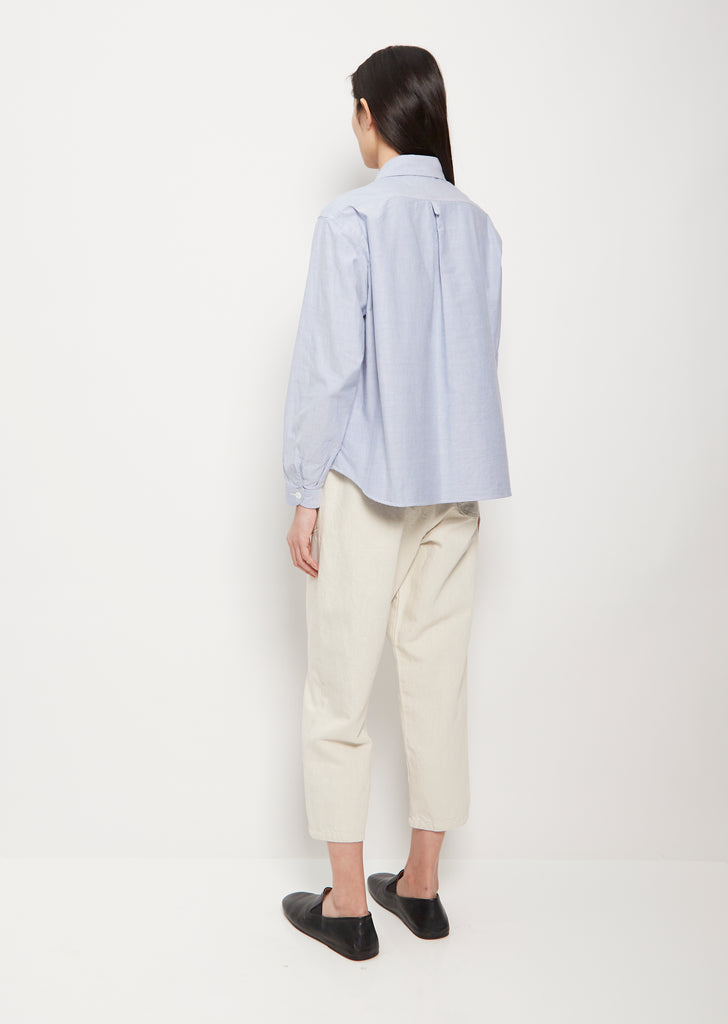 Round Collar Long Sleeve Cotton Shirt — Blue