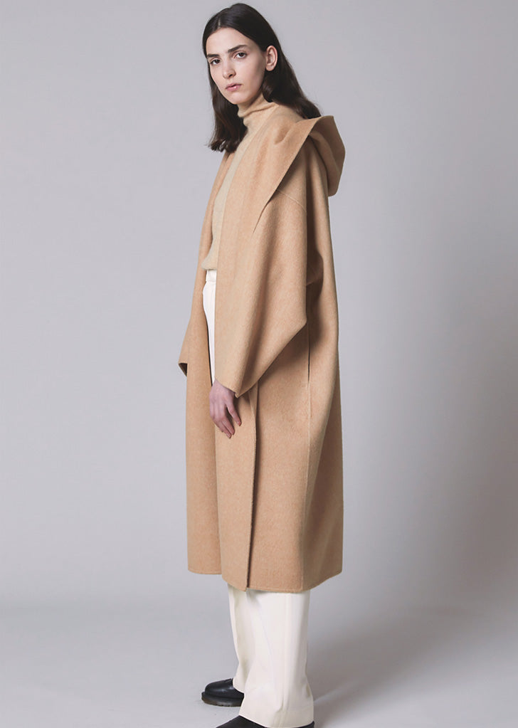 Long Wrap Coat With Hood — Beige