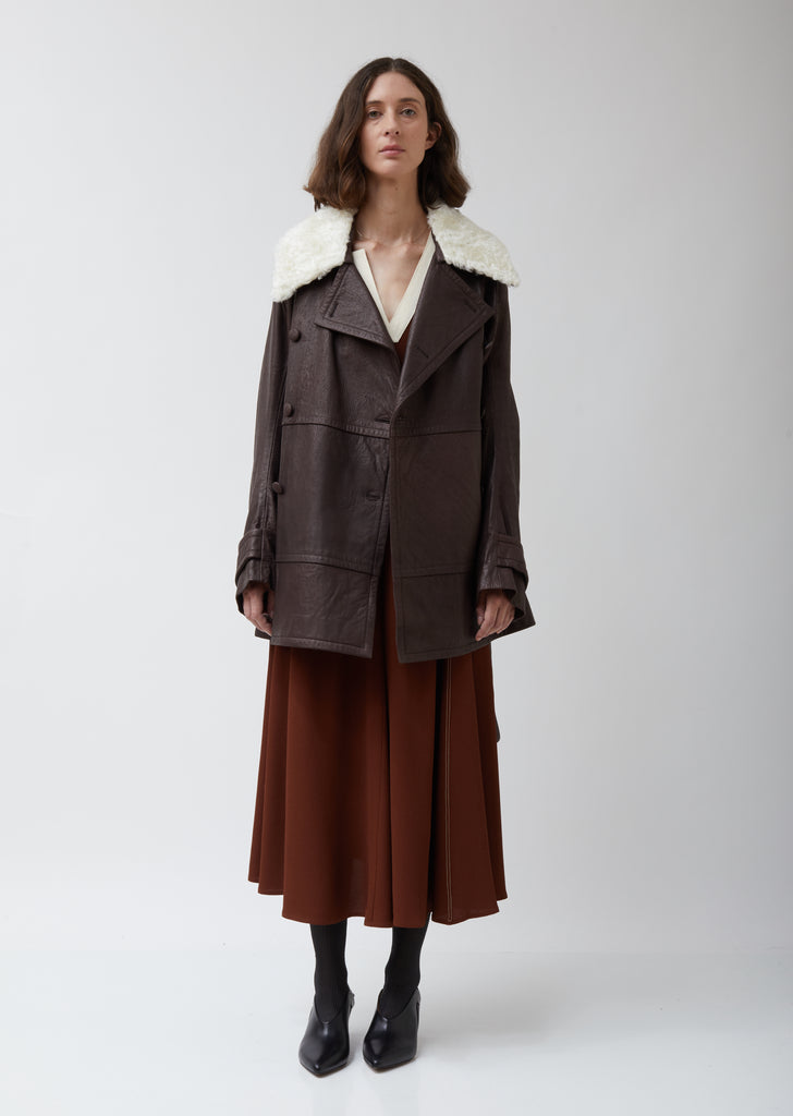 Leather Belted Peacoat with Shearling Collar