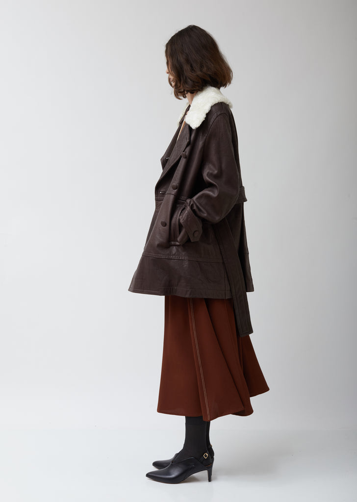 Leather Belted Peacoat with Shearling Collar