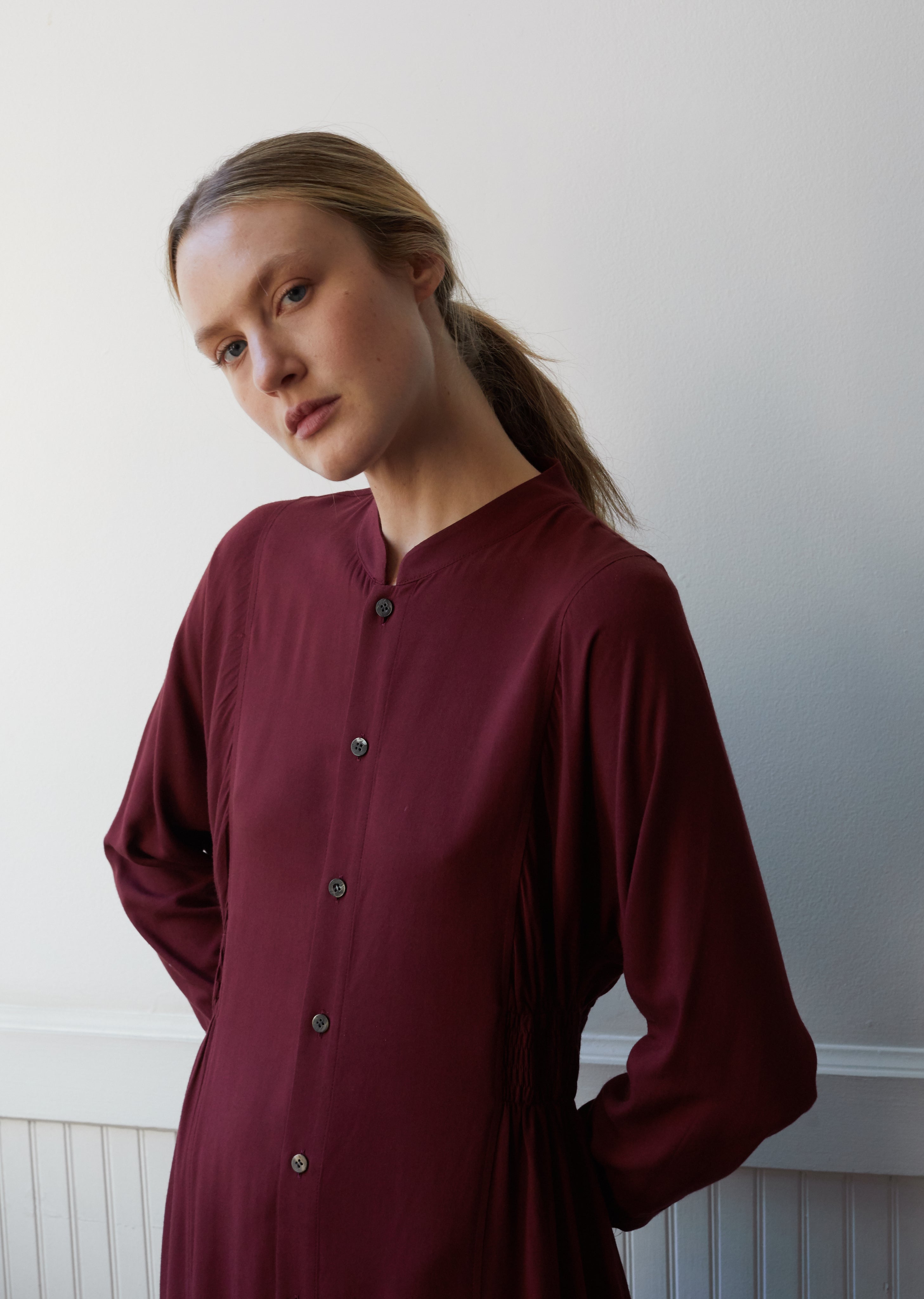Women Rayon Twill Gathered Waist Shirt Dress La Garonne Women Rayon Twill Gathered Waist Shirt Dress La Garonne