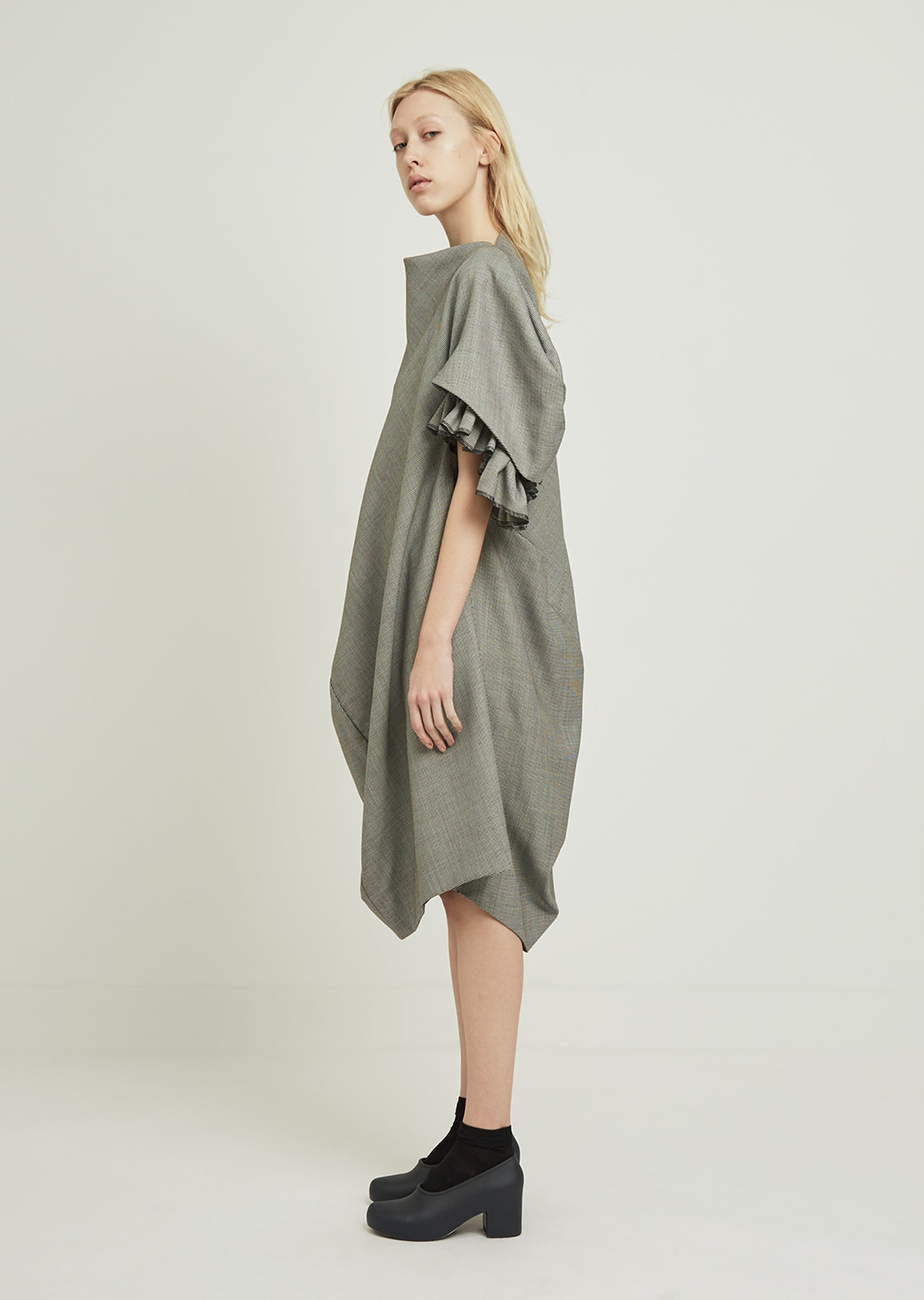 Wool Houndstooth Check Dress With Ruffle Sleeves by Comme des Garons- La Garonne Wool Houndstooth Check Dress With Ruffle Sleeves by Comme des Garons- La Garonne