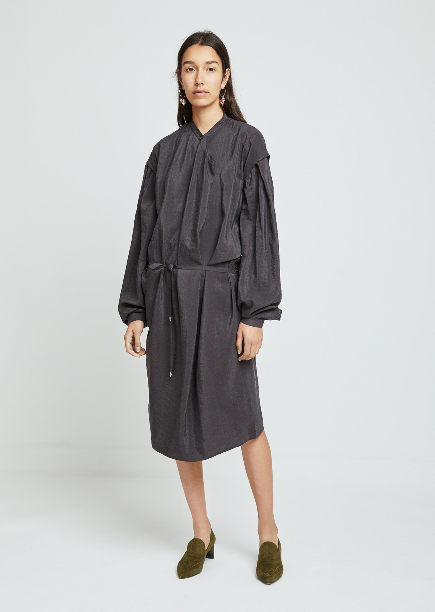 lemaire dry silk dress Belted silk-blend satin shirt dress - gray