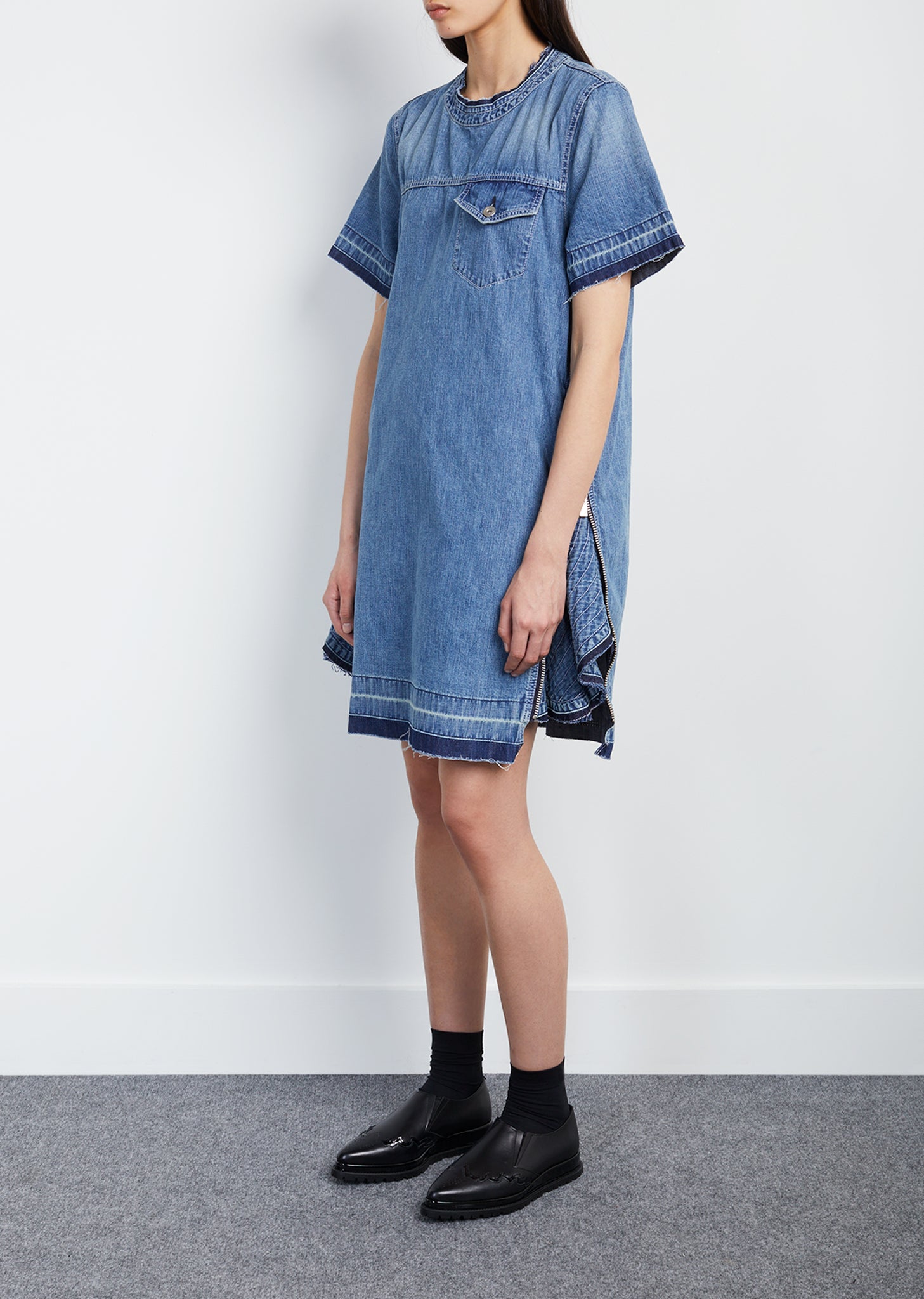 sacai denim dress Gathered denim midi dress - dark denim