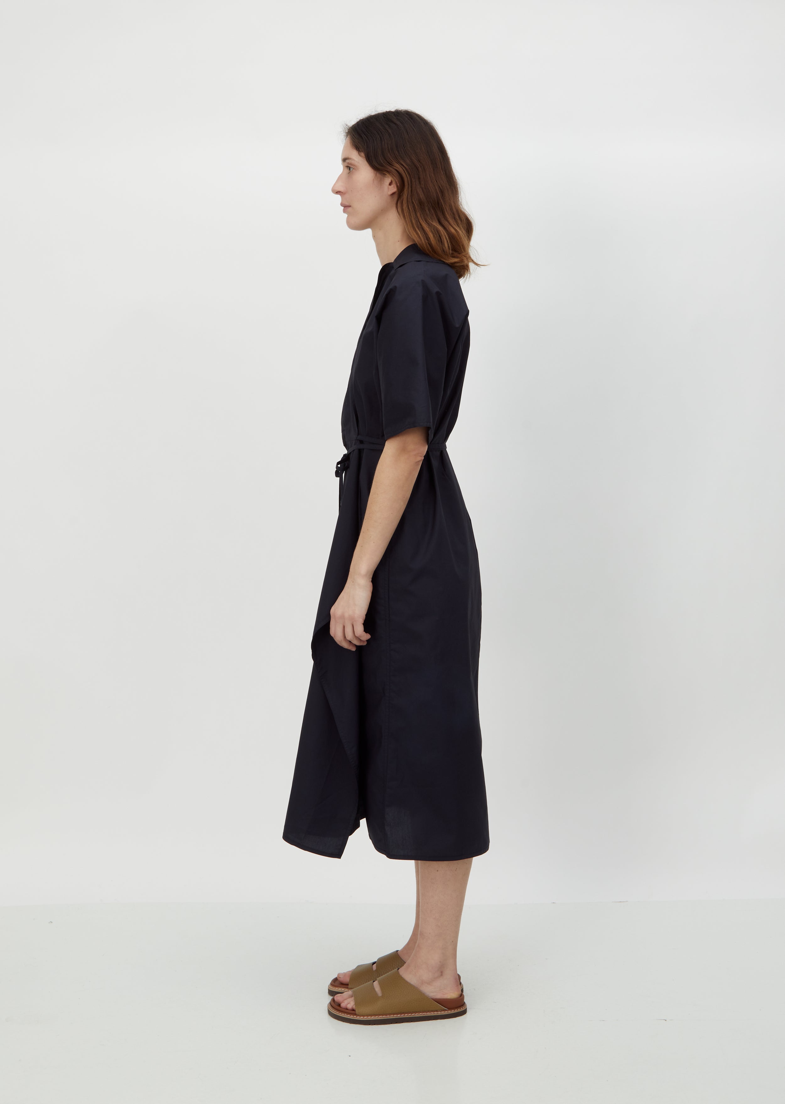 cotton poplin wrap dress Black Cotton Poplin V-Neck Gathered Midi Wrap Dress 34" / Regular (5'2"