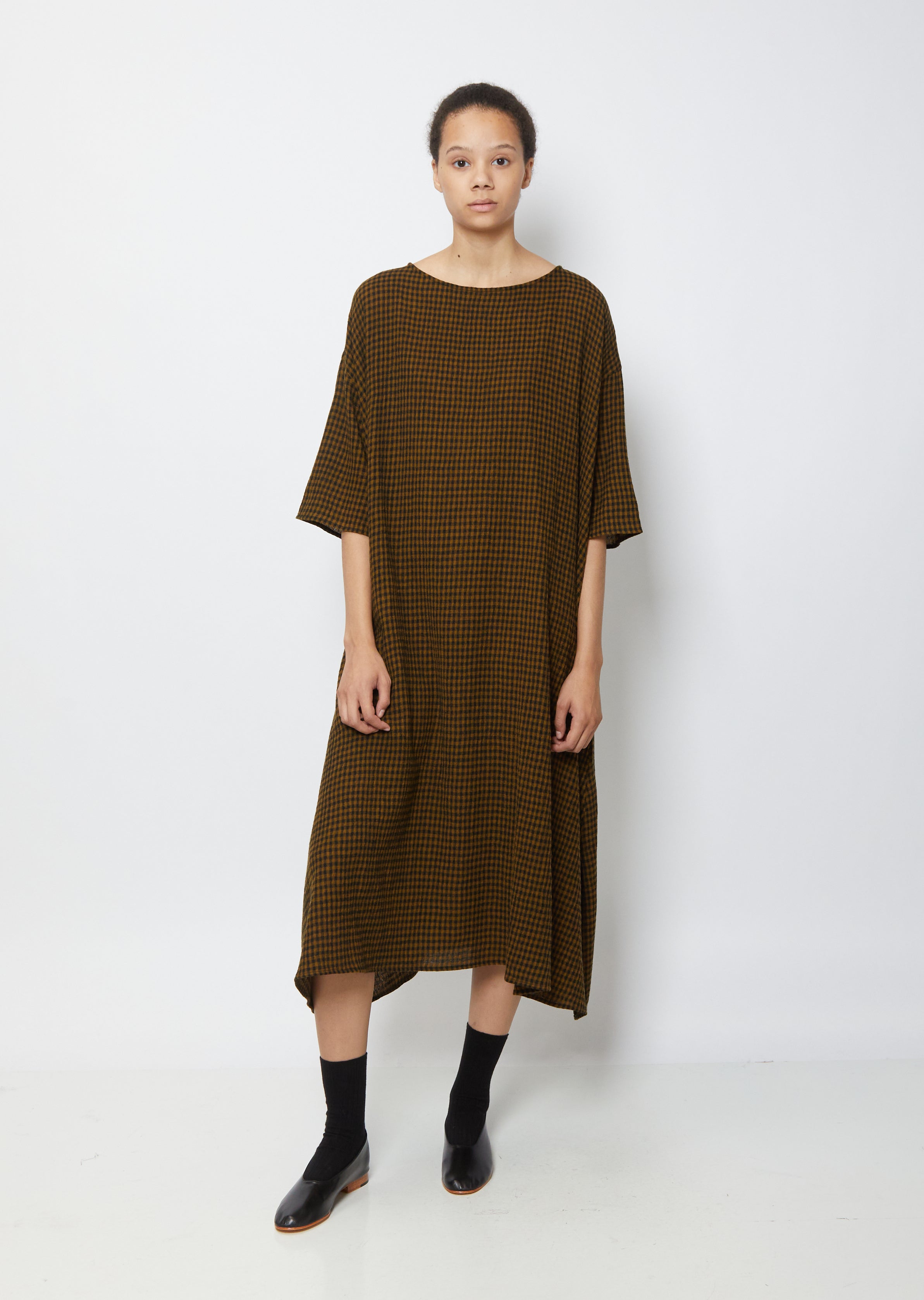 Wool Gingham Check Dress Olive Black La Garonne Wool Gingham Check Dress Olive Black La Garonne