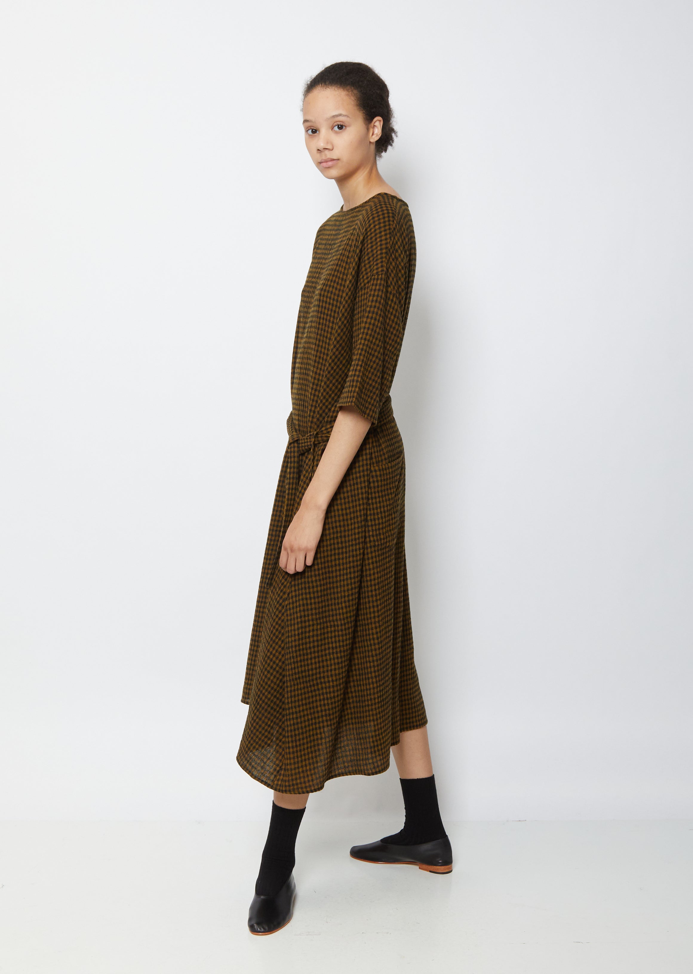 Wool Gingham Check Dress Olive Black La Garonne Wool Gingham Check Dress Olive Black La Garonne