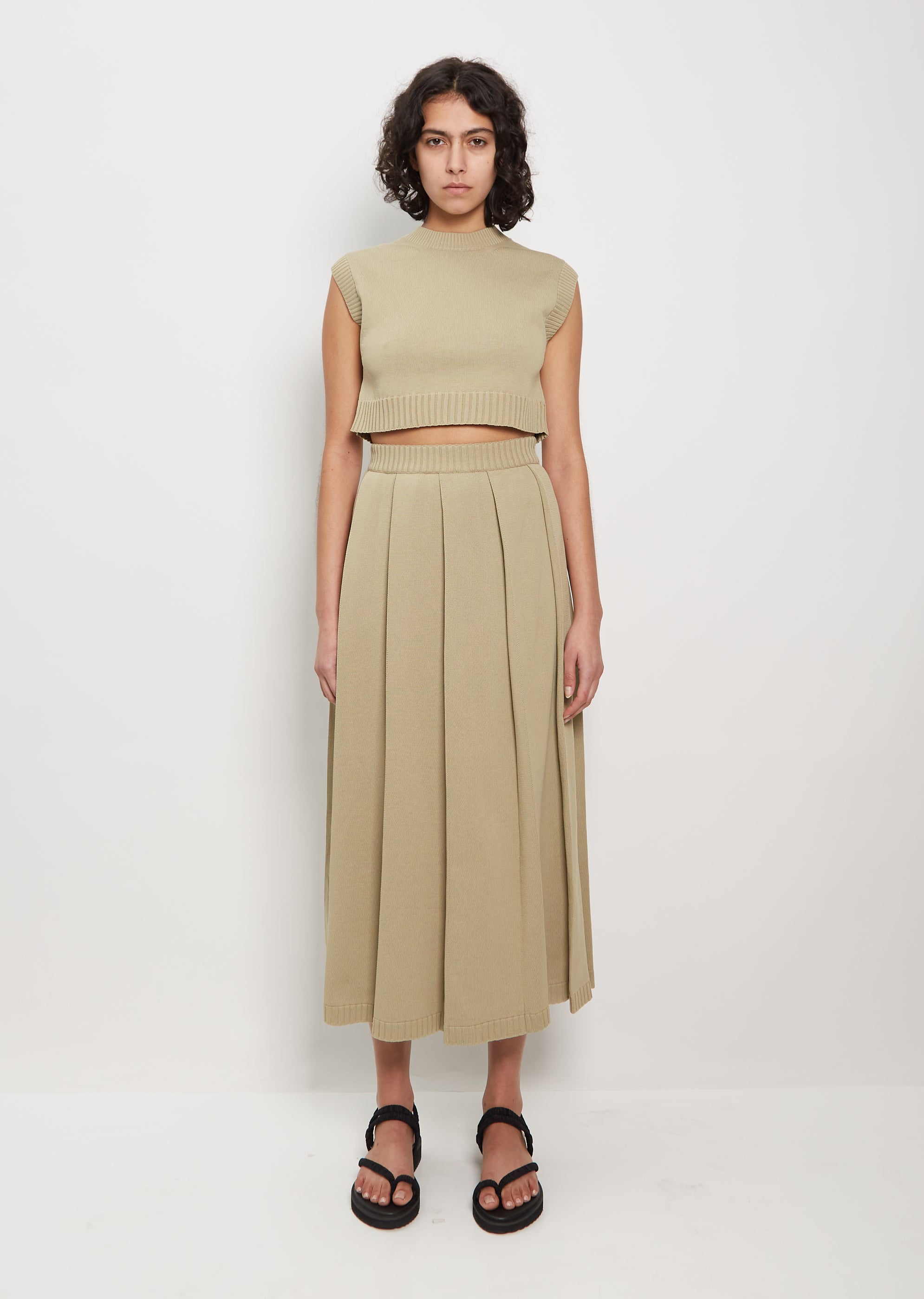 Dry Cotton Knit Pleated Skirt — Khaki Beige - 0 / Khaki Beige