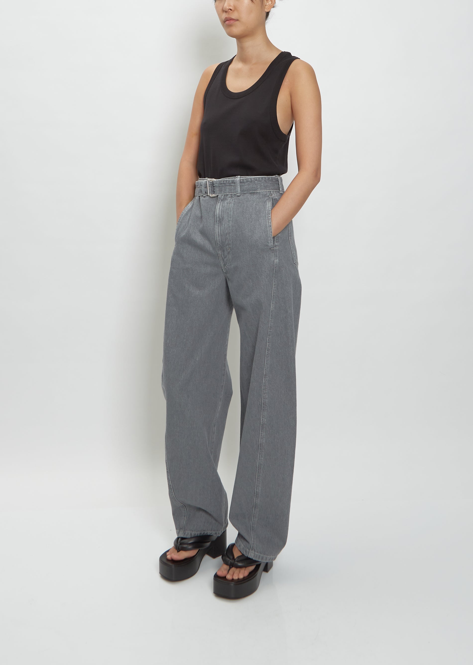 Espresso Twisted Belted Pants in Garment Dyed Denim | LEMAIRE
