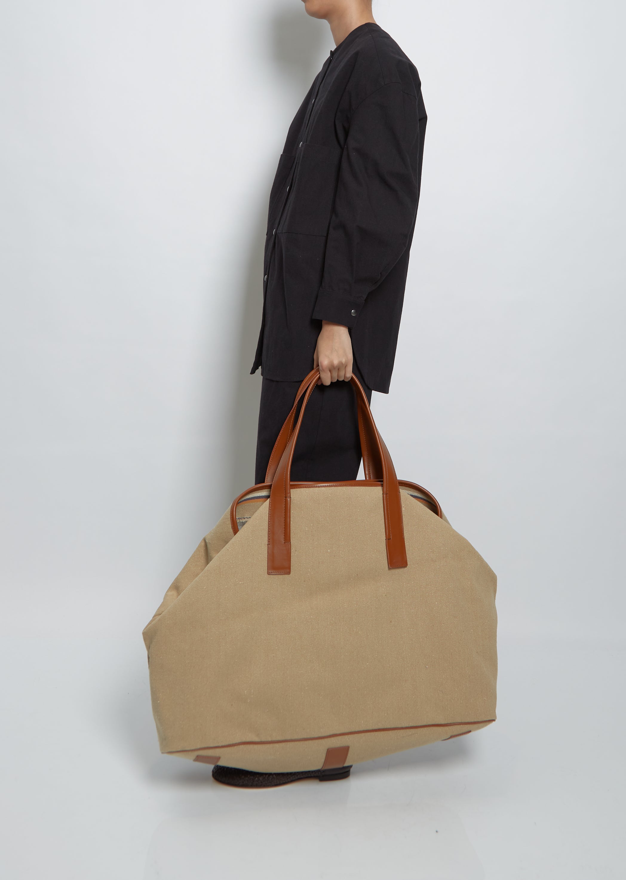 Leather Trimmed Canvas Tote Bag in Beige - Comme Des Garcons Homme