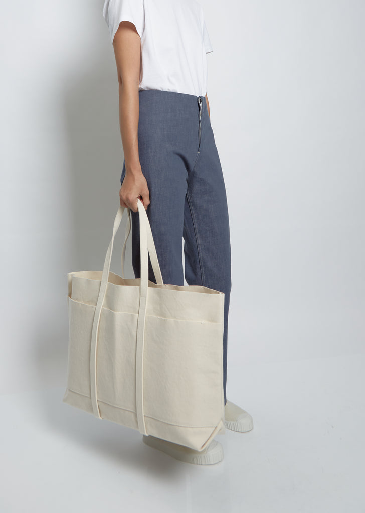 Washed Canvas 6-Pocket Tote L — White