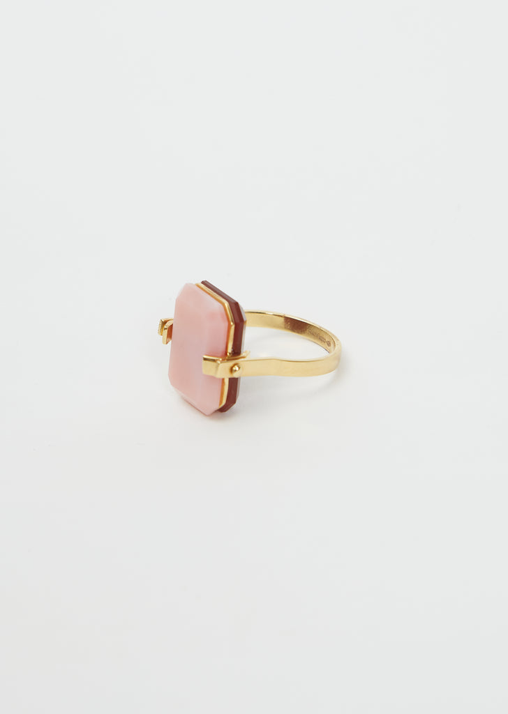 Sandwich Deco Ring — Gold Pink Opal & Carnelian
