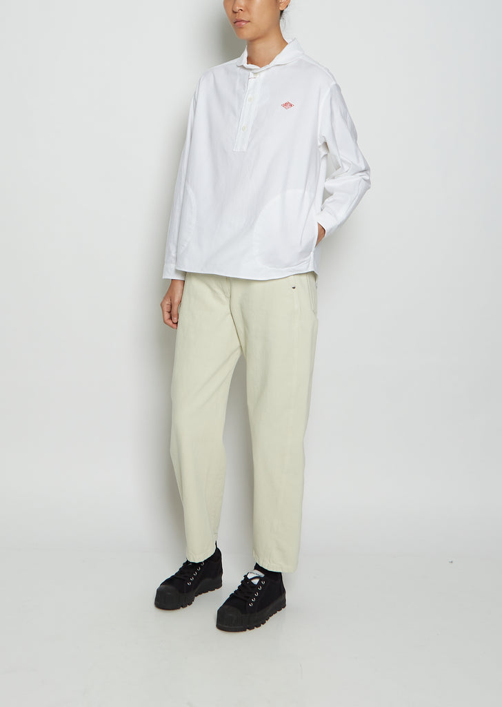 Round Collar Pull Over Cotton Twill Shirt — White