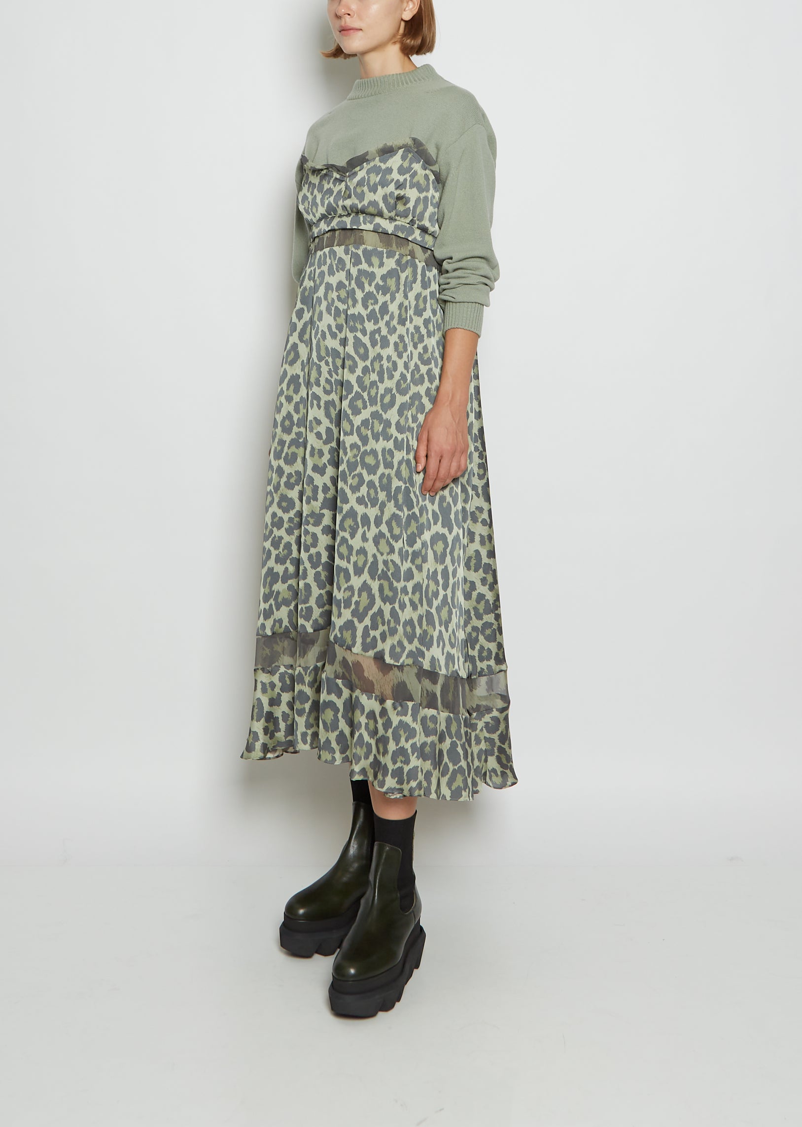 Kid's A-Line Dress Gray and Deep Gray Leopard Wool Knit Jacquard