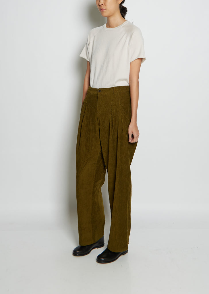 Pleat Front Cotton Corduroy Trousers — Military Green