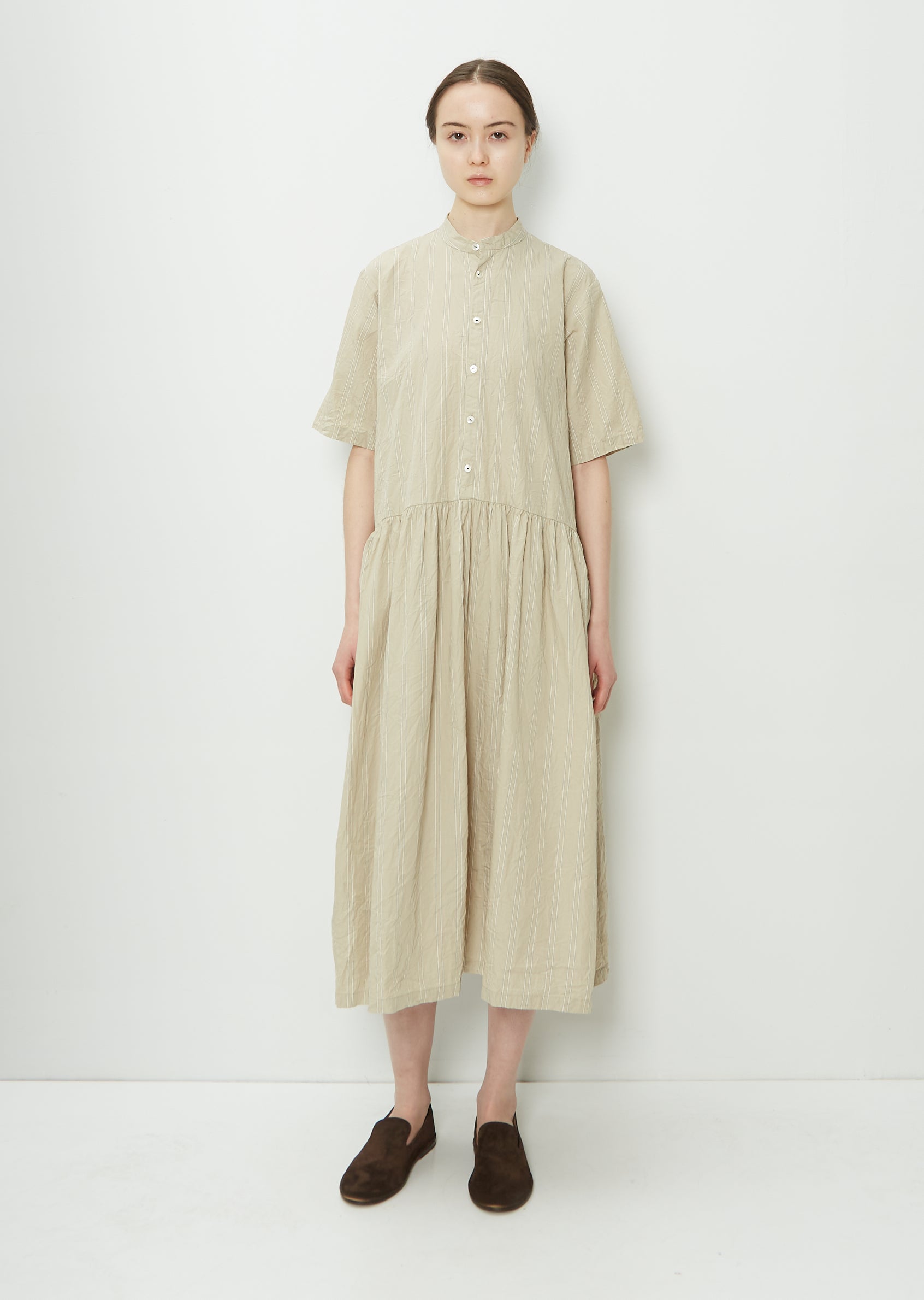 Stand Collar Stripe Shirt Dress — Beige – La Garçonne