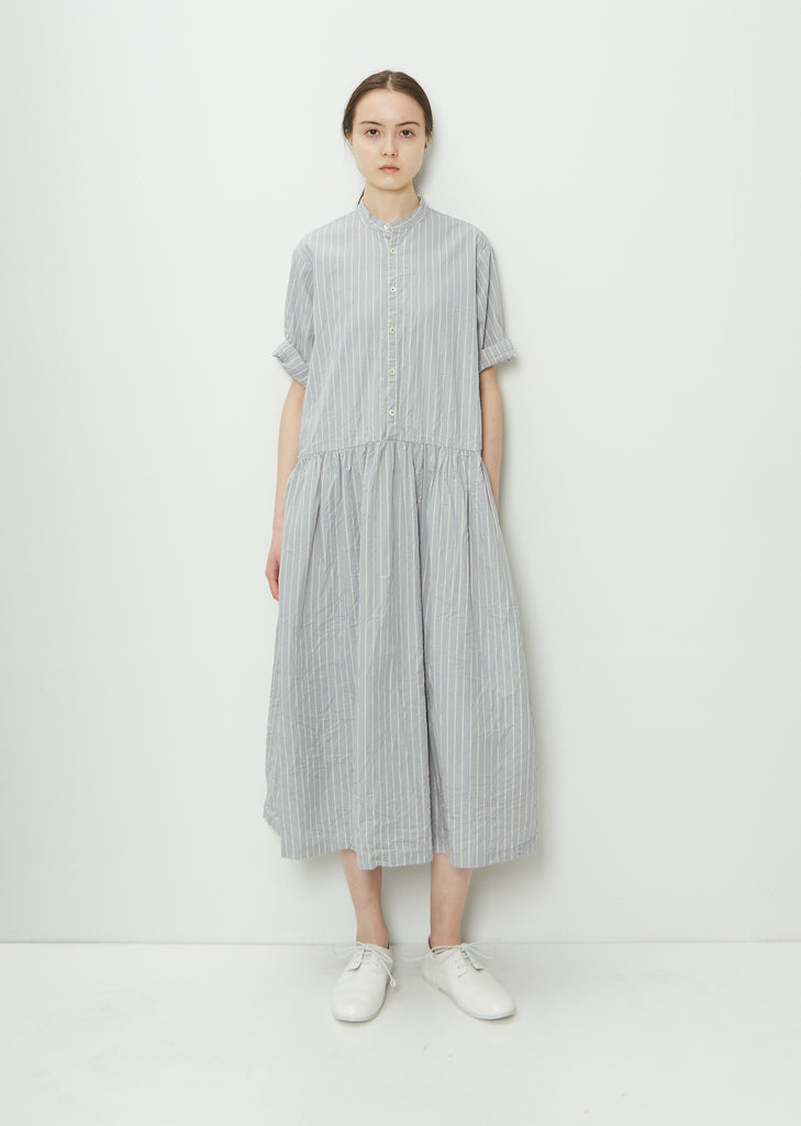 Stand Collar Stripe Shirt Dress — Blue