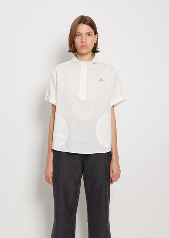 Round Collar Linen Short Sleeve Shirt — White