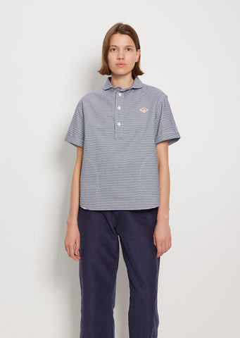 Round Collar Cotton Short Sleeve Shirt — Navy Gingham