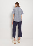 Round Collar Cotton Short Sleeve Shirt — Navy Gingham