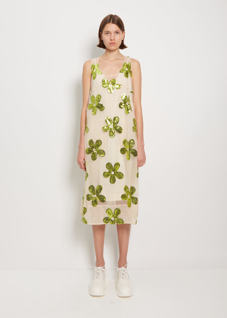 Sheer Top Slip Dress — Green/Nude