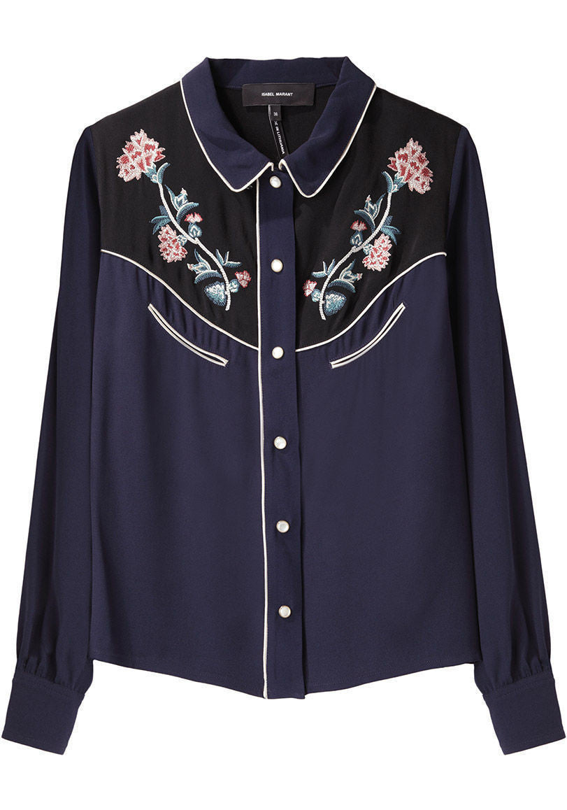 Isabel Marant - ISABEL MARANT 刺繍入りシルクシャツ 七分丈 ヴィンテージ isabel marant etoile navyイザベルマラン 刺繍 ネイビー サイズ