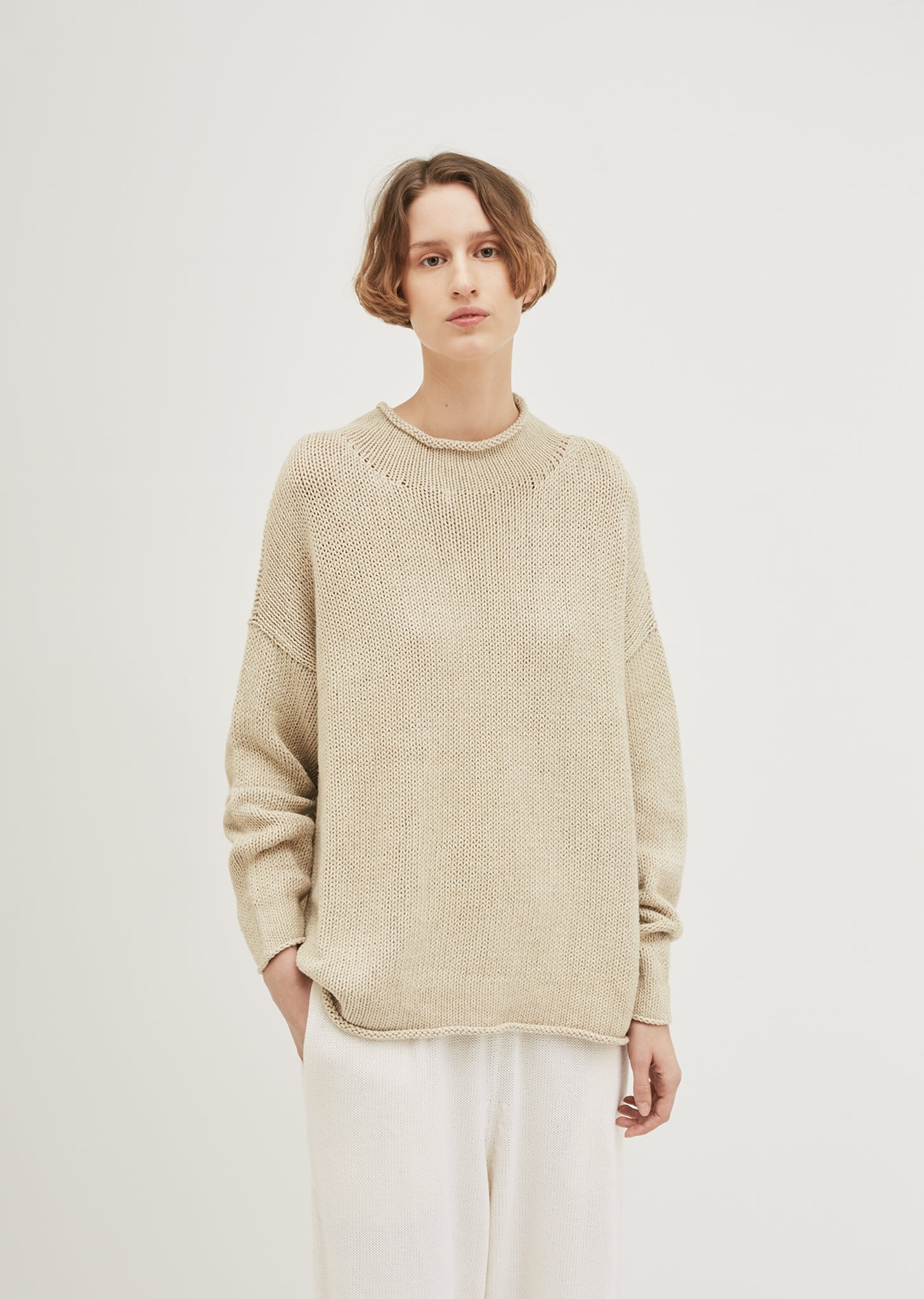 LAUREN MANOOGIAN/ニット・セーター(厚手)/1/コットン/BEG/無地 Cotton Linen Bateau Roll Neck Sweater by Lauren Manoogian