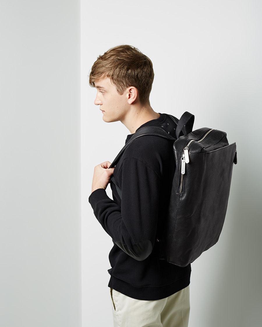 black leather backpack square Square Leather Backpack – La Garçonne