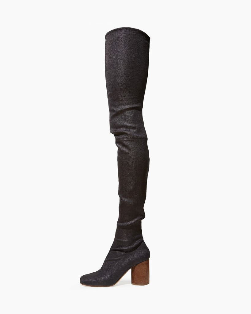 Coated Burlap Thigh High Boot