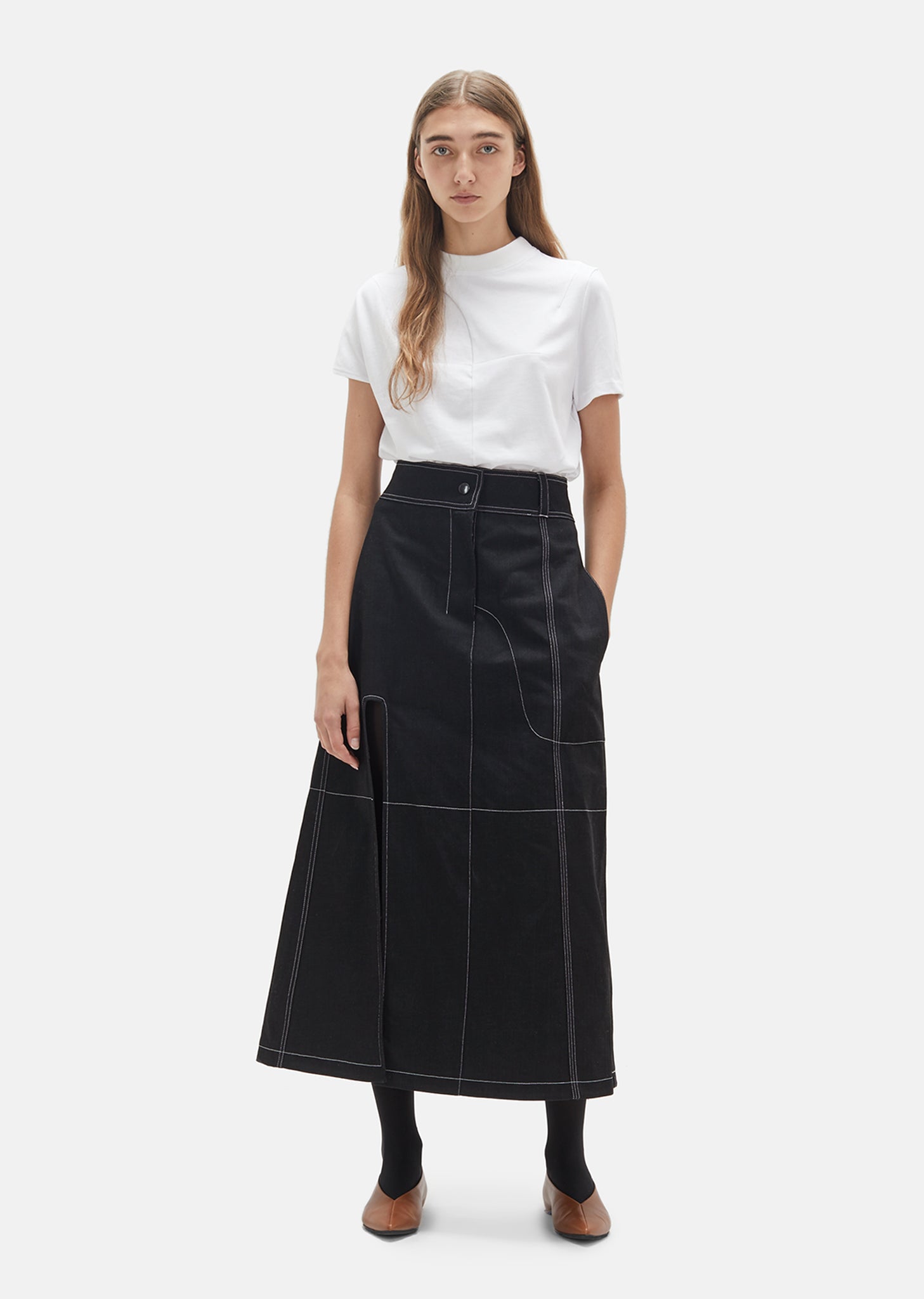 Denim Contrast Topstitch Skirt by Vejas- La Garçonne