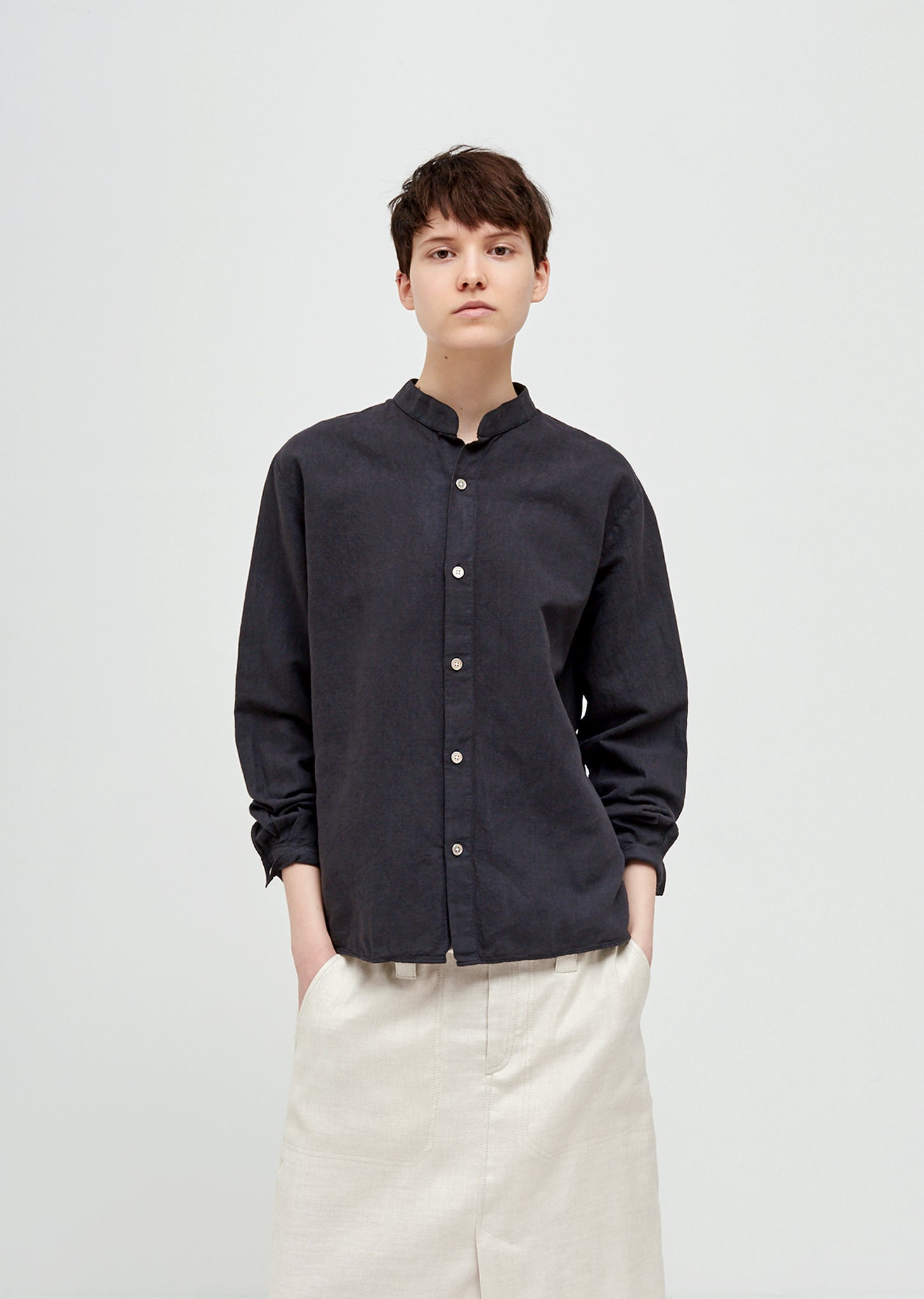 HOPE | SLING SHIRT / DARK KHAKI sheer striped knit shirt – STOCK