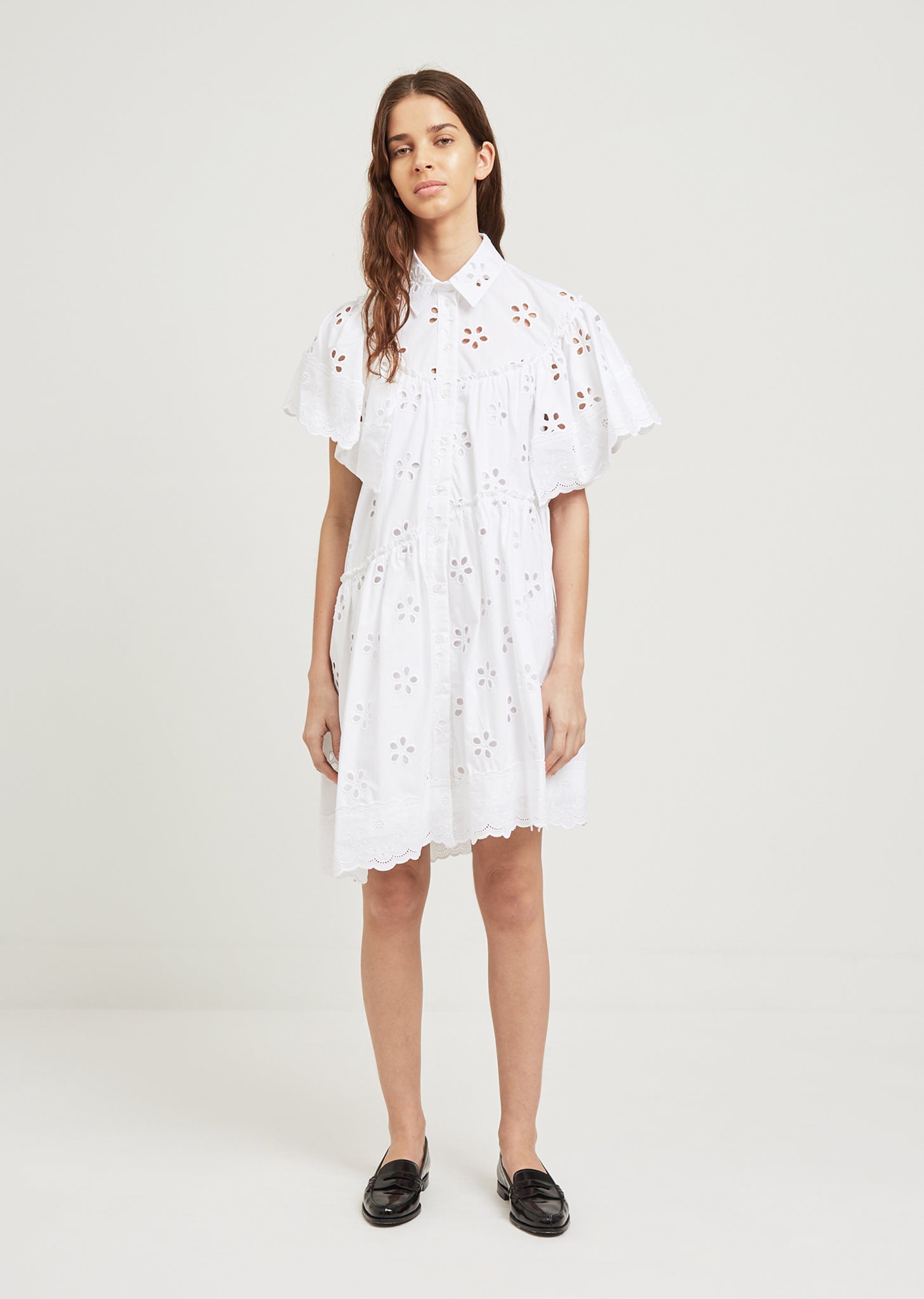 leona half sleeve frill trim dress leaf embroidered white Leona Half Sleeve Frill Trim Dress Leaf Embroidered White