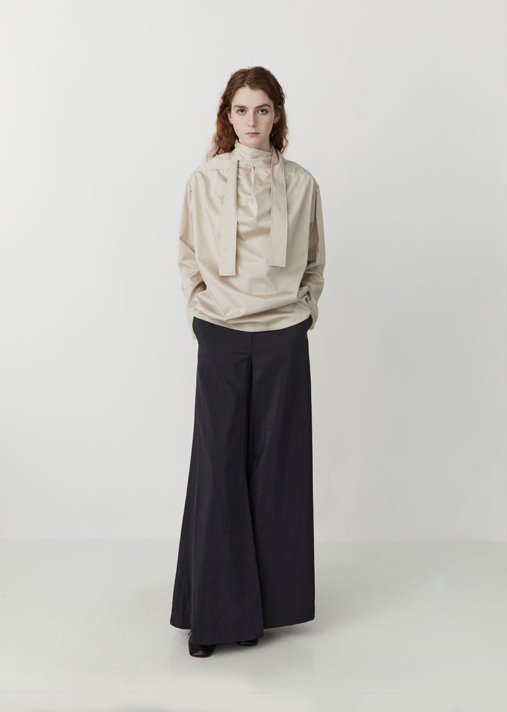 Cotton Satin Blouse with Tie — Oatmeal