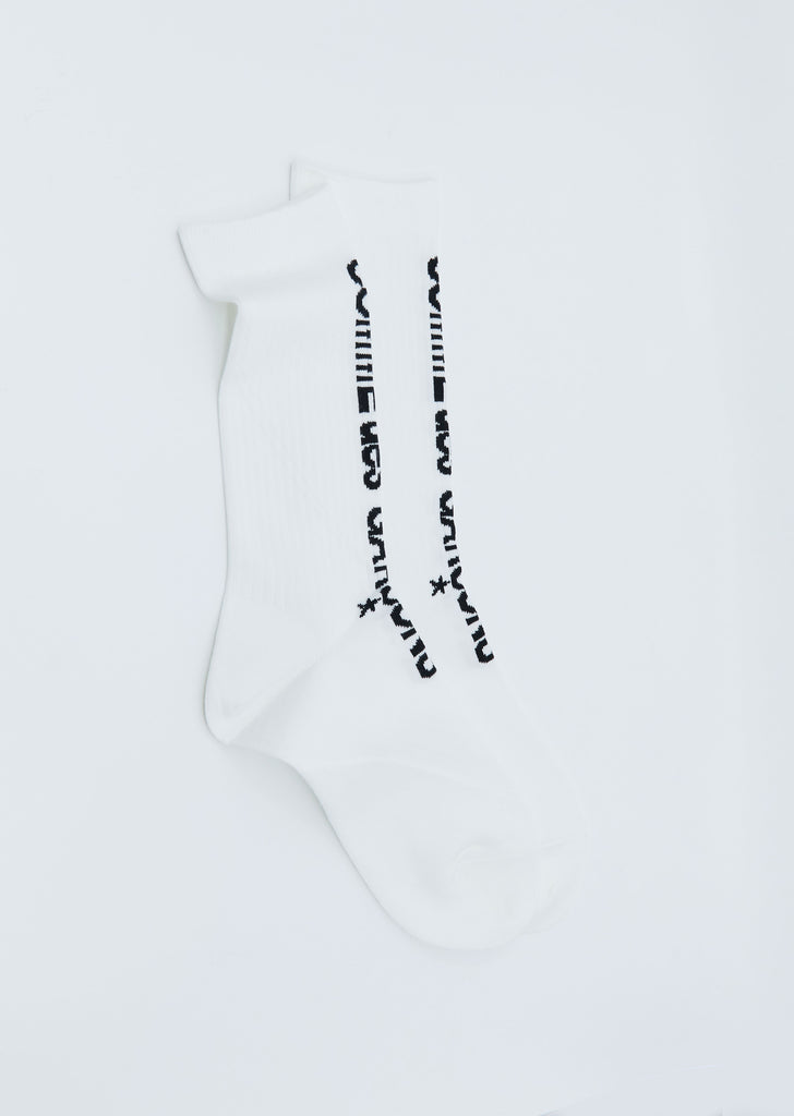 Long Ribbed Logo Socks — White